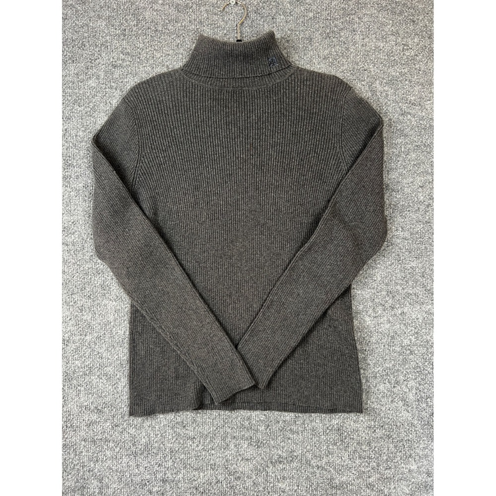 Lauren Ralph Lauren Womens Sweater Large Charcoal Gray Ribbed Turtleneck Logo